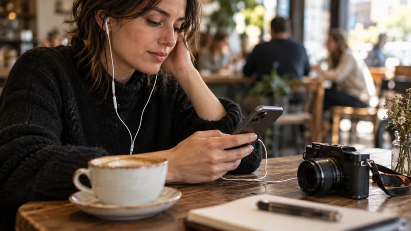 Creator reviewing a recording on a phone with headphones at a café