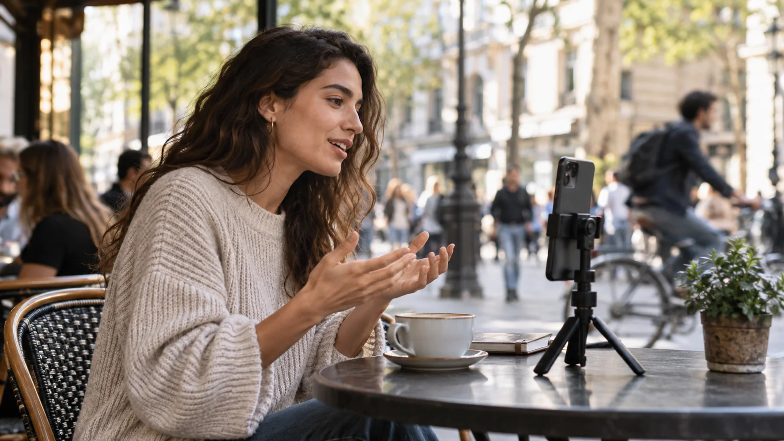 Mobile creator recording with a phone at an outdoor café