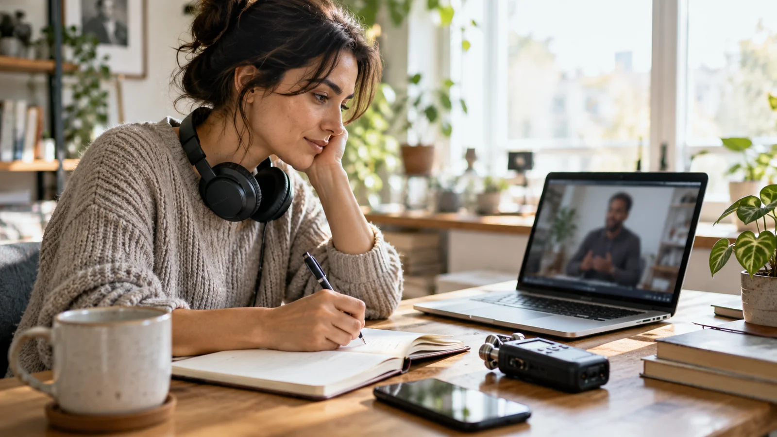 Creator revisiting an interview with a laptop and notebook