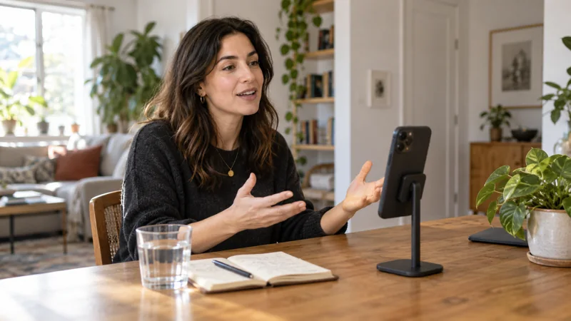 Solo podcaster speaking toward a phone on a tabletop stand