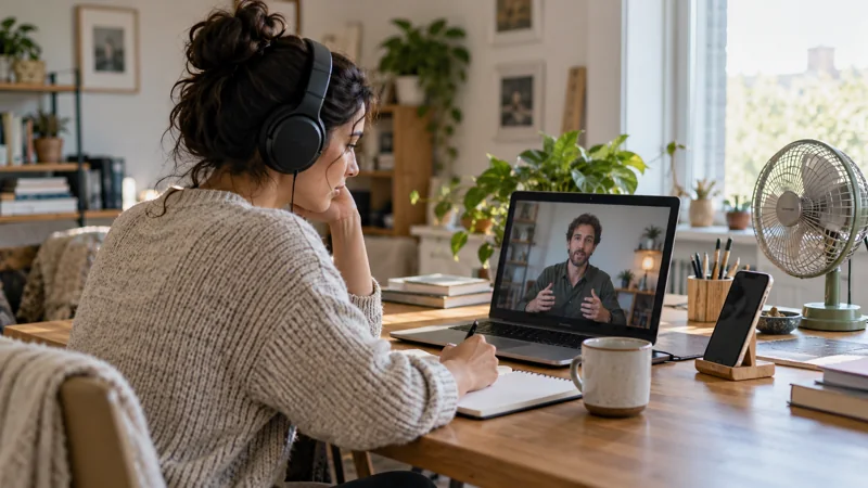 Creator checking a video on a laptop with headphones in a home workspace
