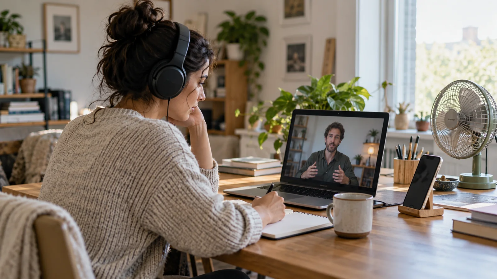 Creator checking a video on a laptop with headphones in a home workspace