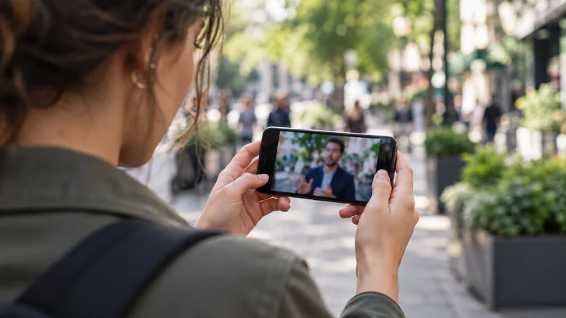Creator reviewing an outdoor interview video on a phone