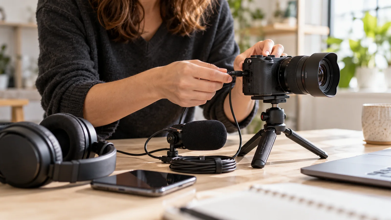 Creator checking a camera audio connection before filming