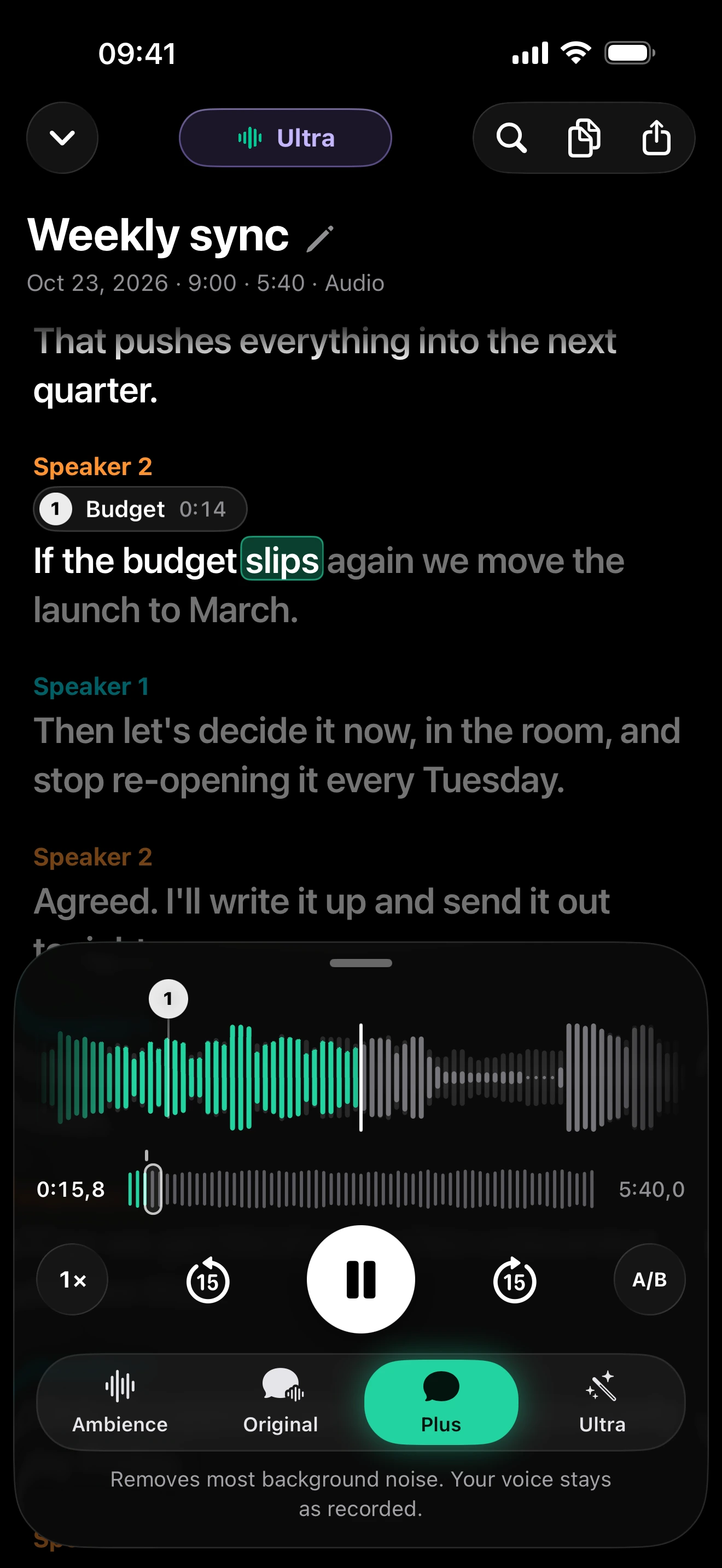 clir Voice player with noise removal, transcript and playback controls.