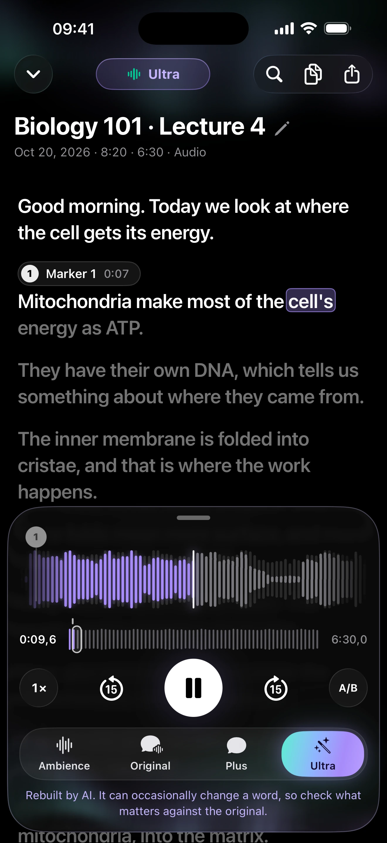 The clir Voice player with Ultra echo removal and a highlighted transcript.