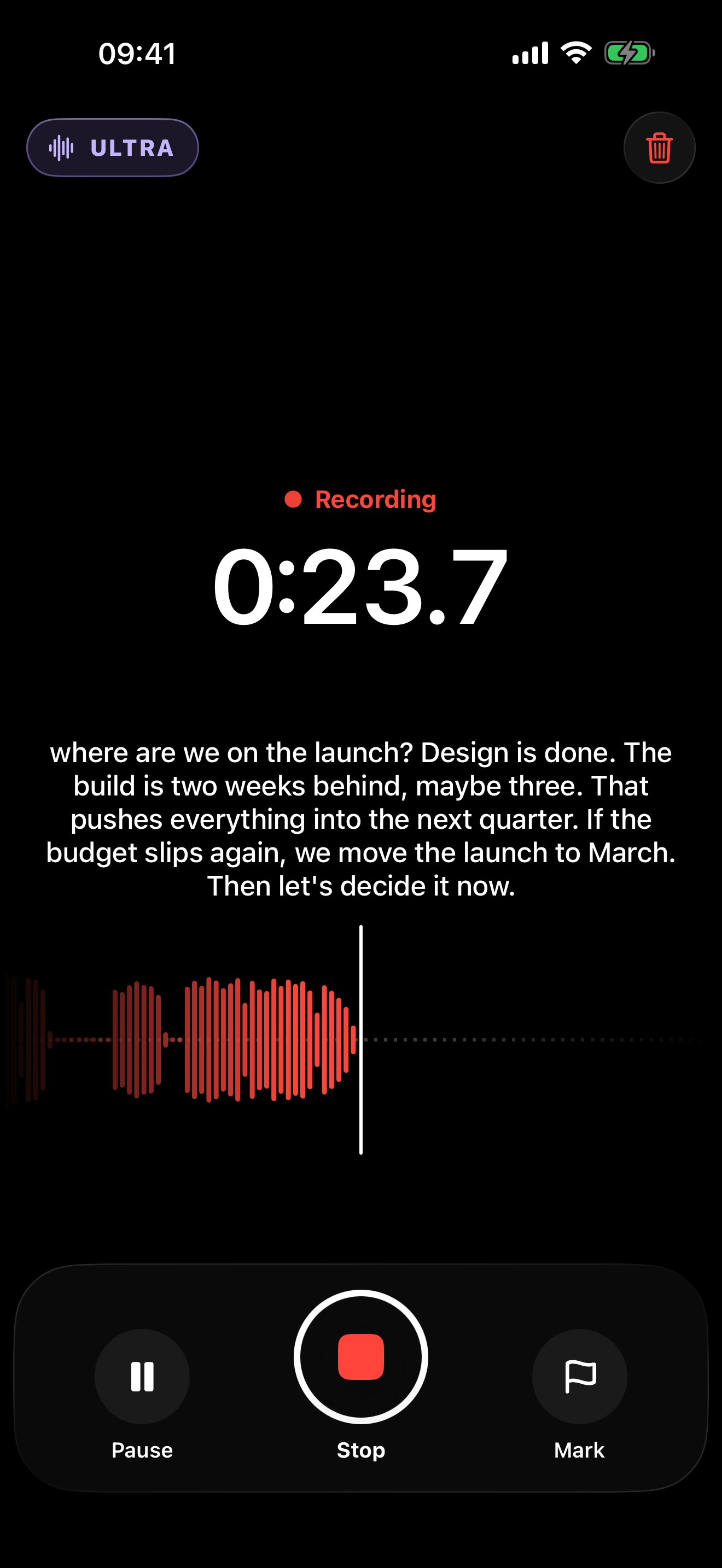 Live captions appear while recording in clir Voice.