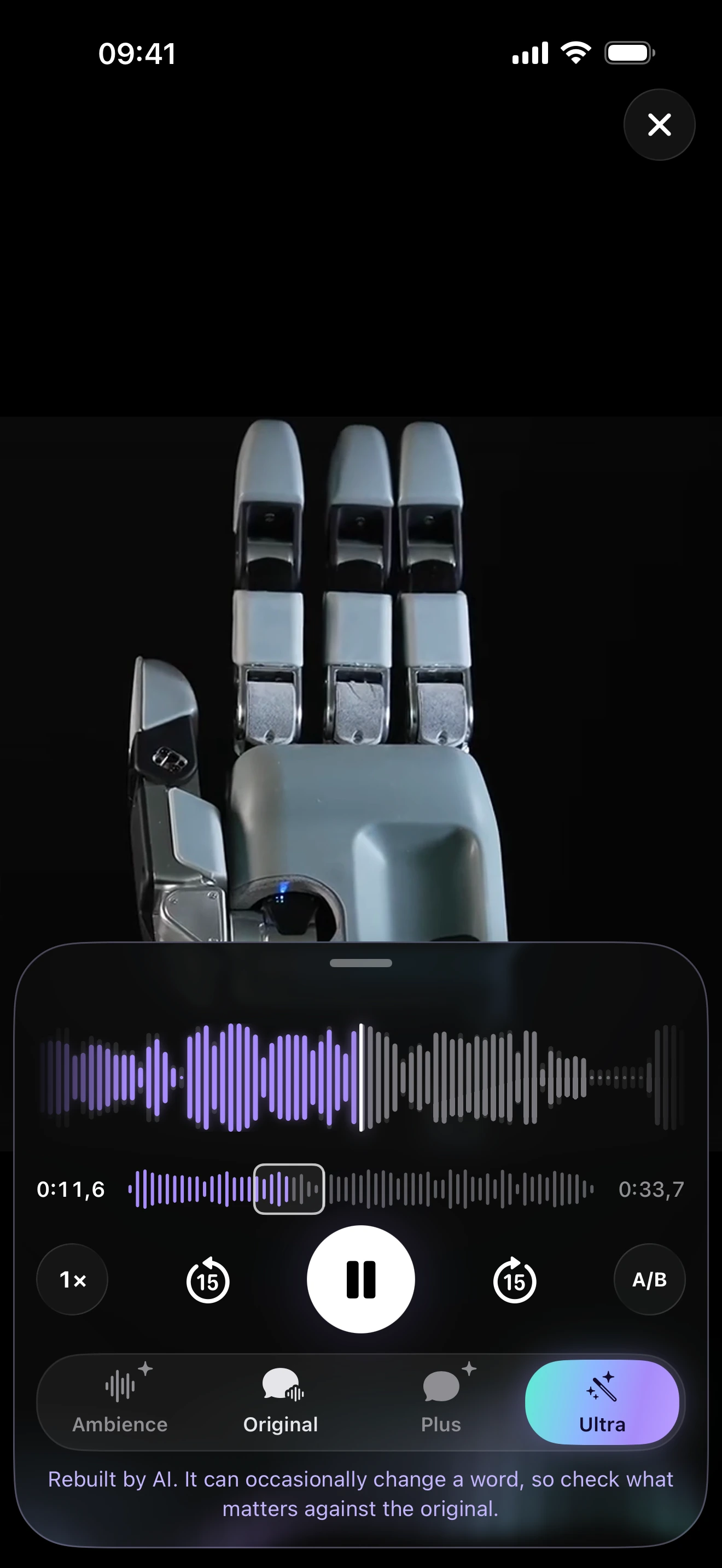 A video clip in clir Voice, with Ultra audio enhancement and video export.